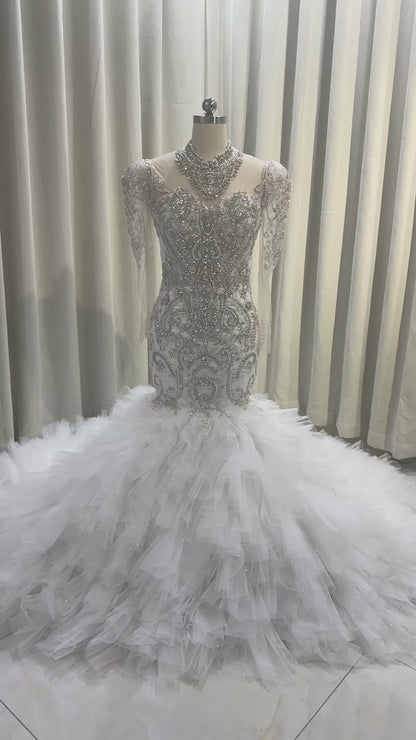 TBC-CM006  Luxury crystal beading long sleeve mermaid royal wedding dress with ruffles skirt