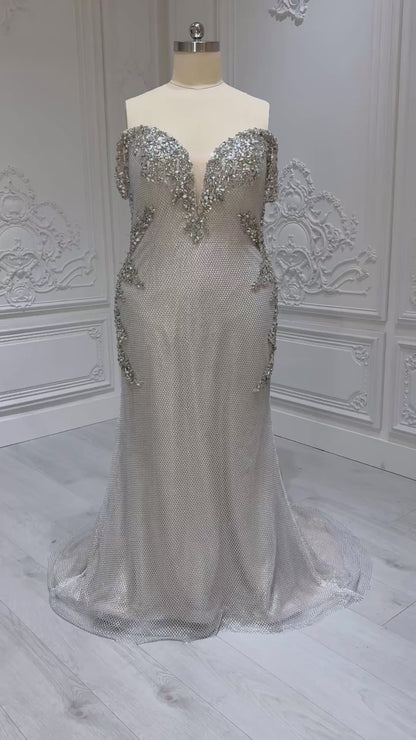 Stock Clearance! Plus size 22! Champagne color crystal beaded off the shoulder mermaid/trumpet wedding dress/formal event gown