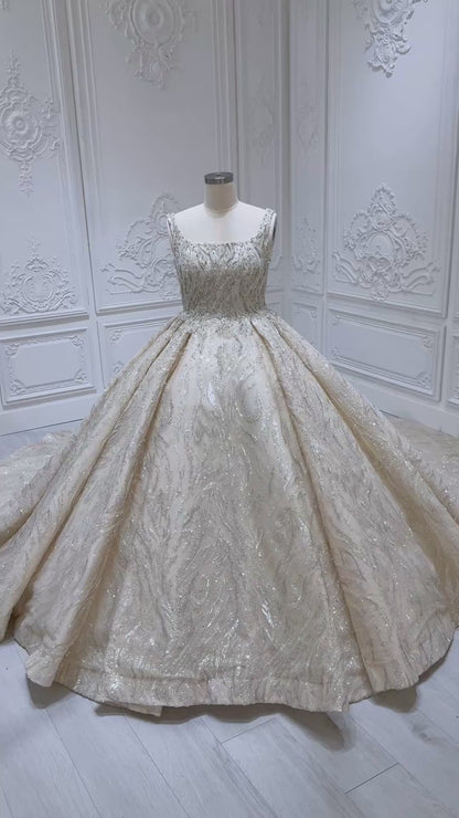 Stock Clearance! Bridal Size 10! Champagne color luxury beading square neck sparkling princess ballgown royal wedding dress