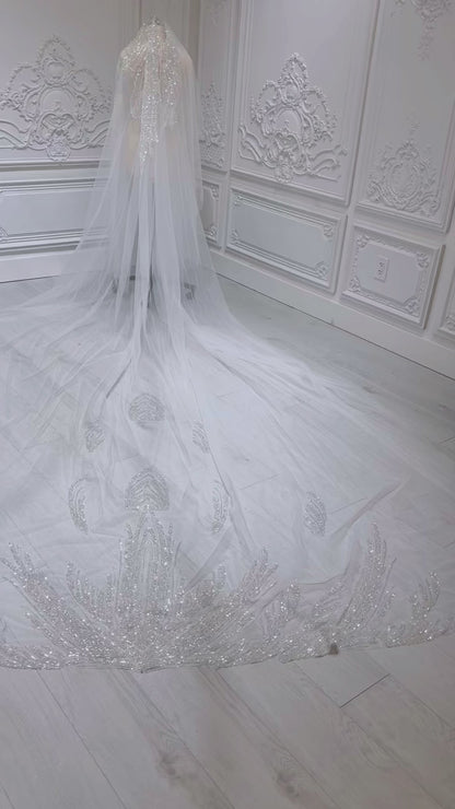 Stock Sale of luxury beading 2 tiers wedding veil with blusher. Bridal veil with royal train