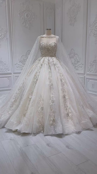 Stock Clearance! Bridal Size 12! Champagne color sparkling 3D floral lace princess ballgown fairy wedding dress with detachable cape