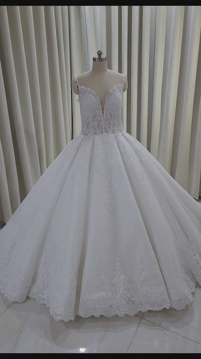 TBC-CM008  Made to order Deep V lace embroidered sparkling royal ballgown wedding dress