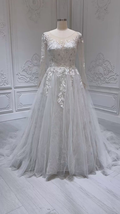 TBC-CM53 Custom-made off white lace embroidered sparkling long sleeve Aline wedding dress