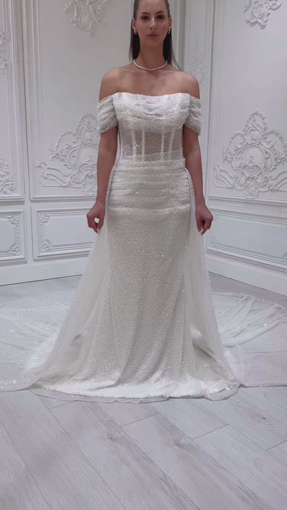 Stock Clearance! Bridal size 10! White beading straight neckline off the shoulder pleated sparkling mermaid wedding dress with detachable skirt