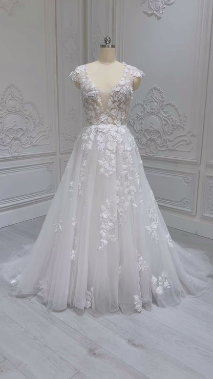 Stock Clearance! Bridal size 12! White 3D floral Deep V with cap sleeve Aline beach/outdoor wedding dress