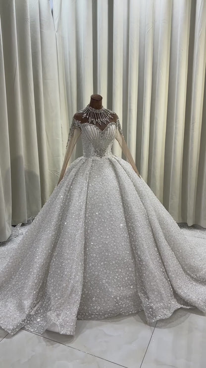 TBC-CM007  Made to order luxury crystal beading sparkling high neck with long sleeve princess ballgown wedding dress