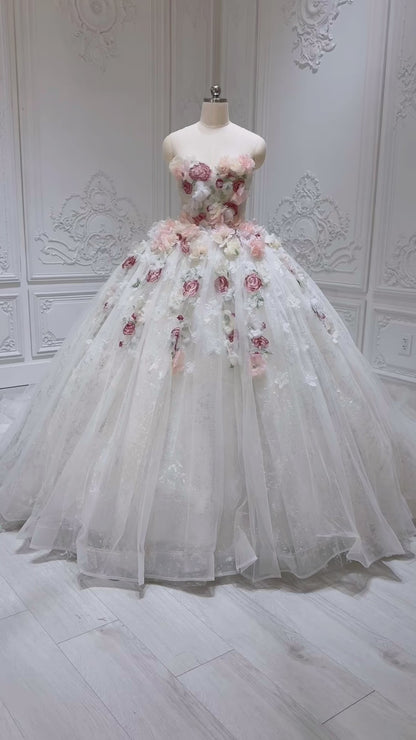 Stock clearance! Sparkling colorful 3D floral with lace embroidered strapless fairy ballgown wedding dress/Quinceanera dress/ Sweet 16 dress