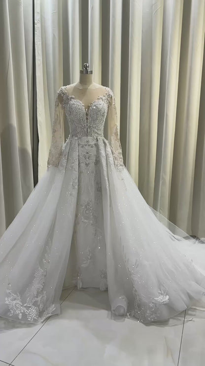 TBC-CM005  Custom-made luxury beading 2 in 1 look Mermaid&Aline wedding dress with detachable skirt