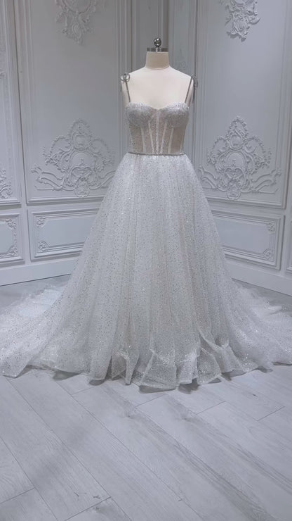 Stock clearance! Bridal size 12! White spaghetti strap sparkling Aline wedding dress