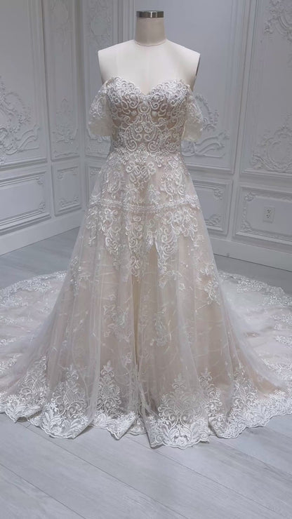 Stock Clearance! Bridal size 12-14! Cream color lace embroidered off the shoulder Aline wedding dress